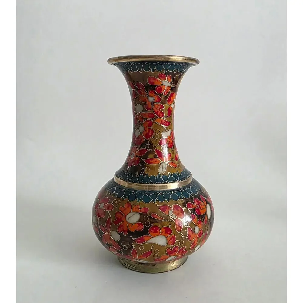 Cloisonné Floral Metal Vase Multicolor Enamel